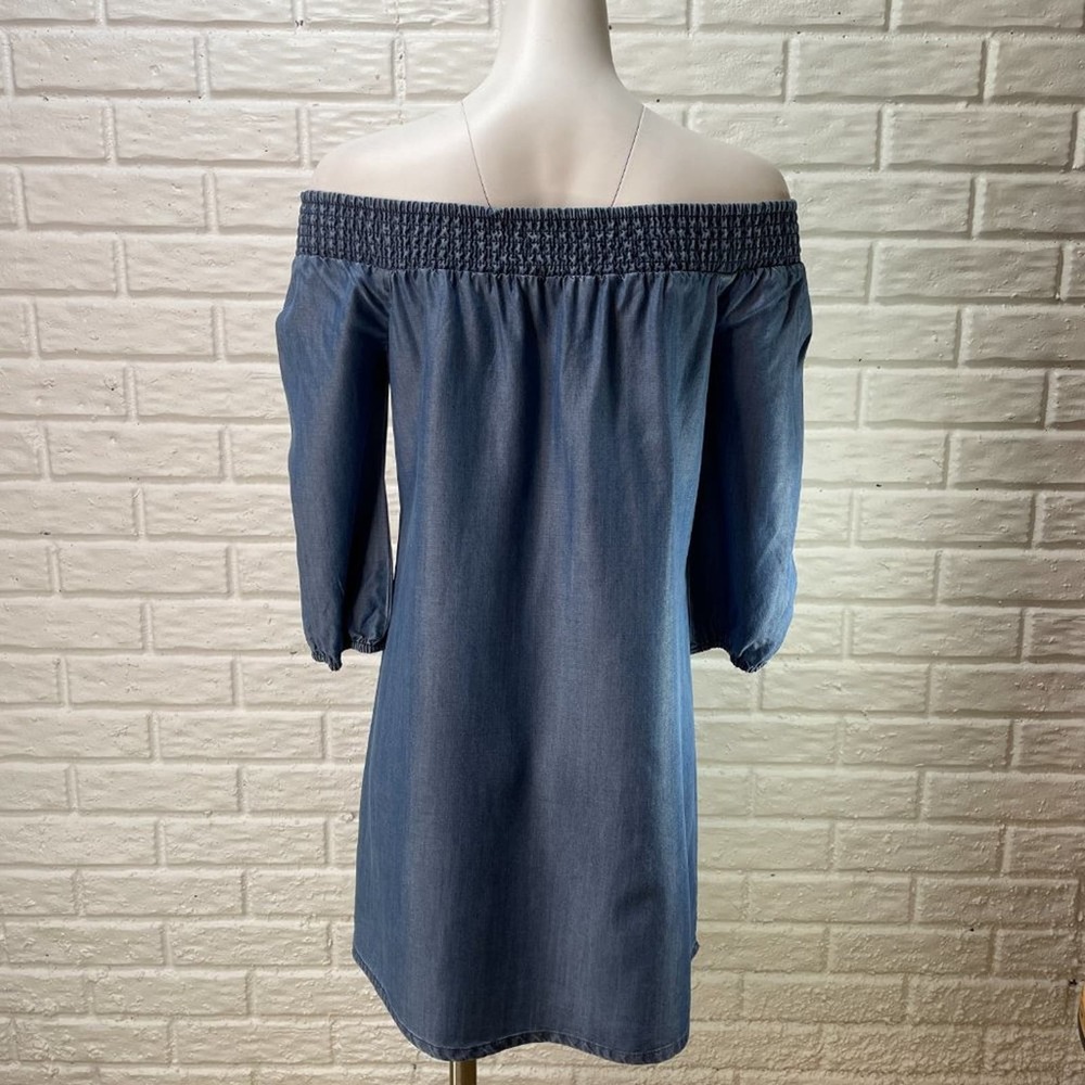 Bebe On Off Shoulder Dress Womens Small Blue Chambray ¾ Sleeve - Picture 6 of 11
